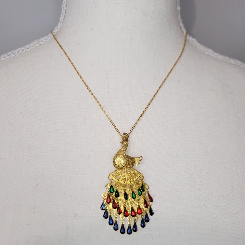 Dainty Gold Tone Peacock Medallion & Brooch Convertible Necklace - Green/Red/Blu